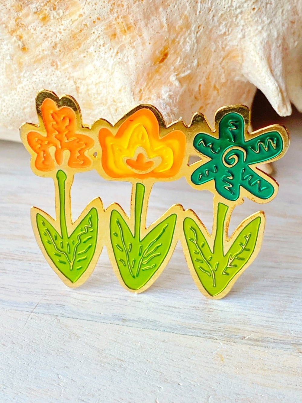 Vintage 80s Enamel Flower Pin Trio Neon Gold Tone Floral Statement Brooch